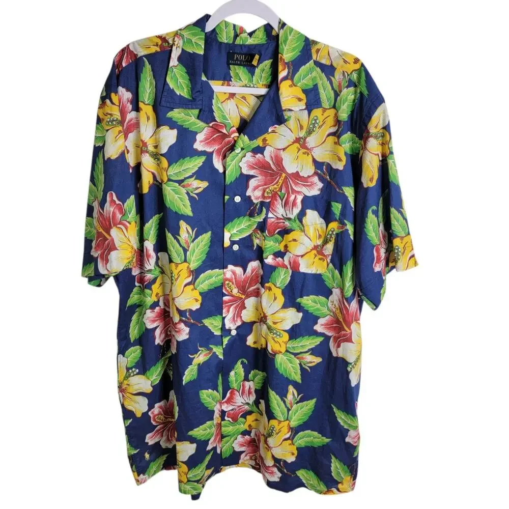 Polo Ralph Lauren Mens XL TALL Blue Floral Hawiaan Camp Shirt Classic Fit Beach